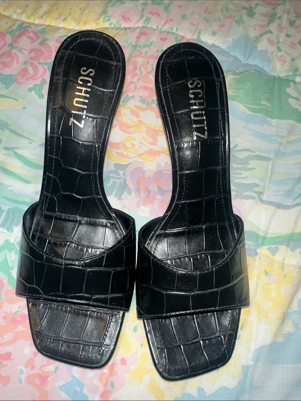 SCHUTZ Black Croc-Embossed Slide Mules with Square Toe